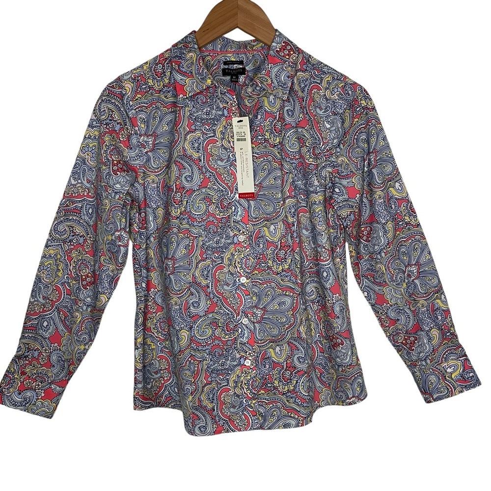 NWT Talbots Cotton Blend Classic Button Front Shirt Floral Paisley Sz 8 Petite